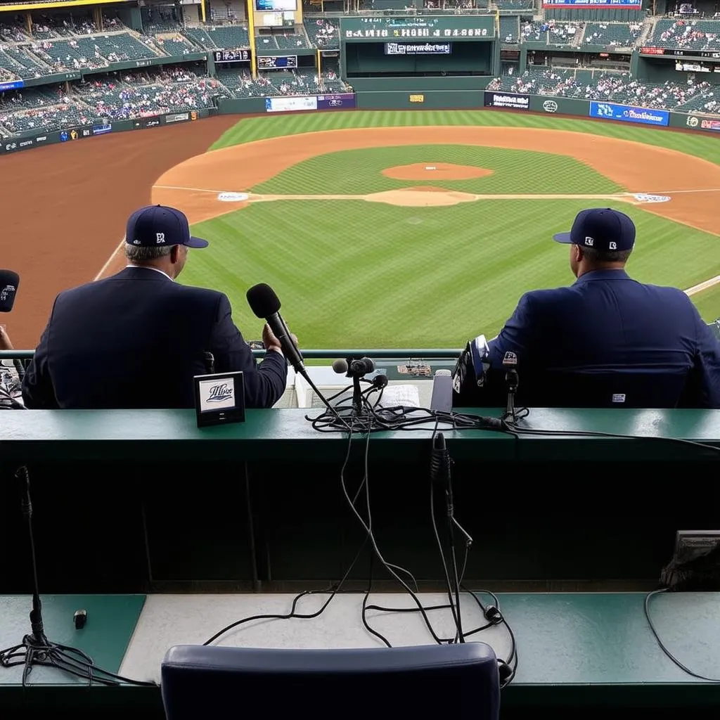 baseball announcers at the microphone, broadcasting a game from a booth high above the field